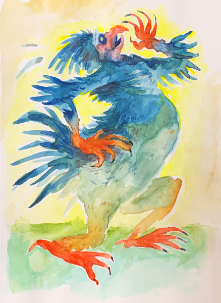 watercolor painting of a bird person